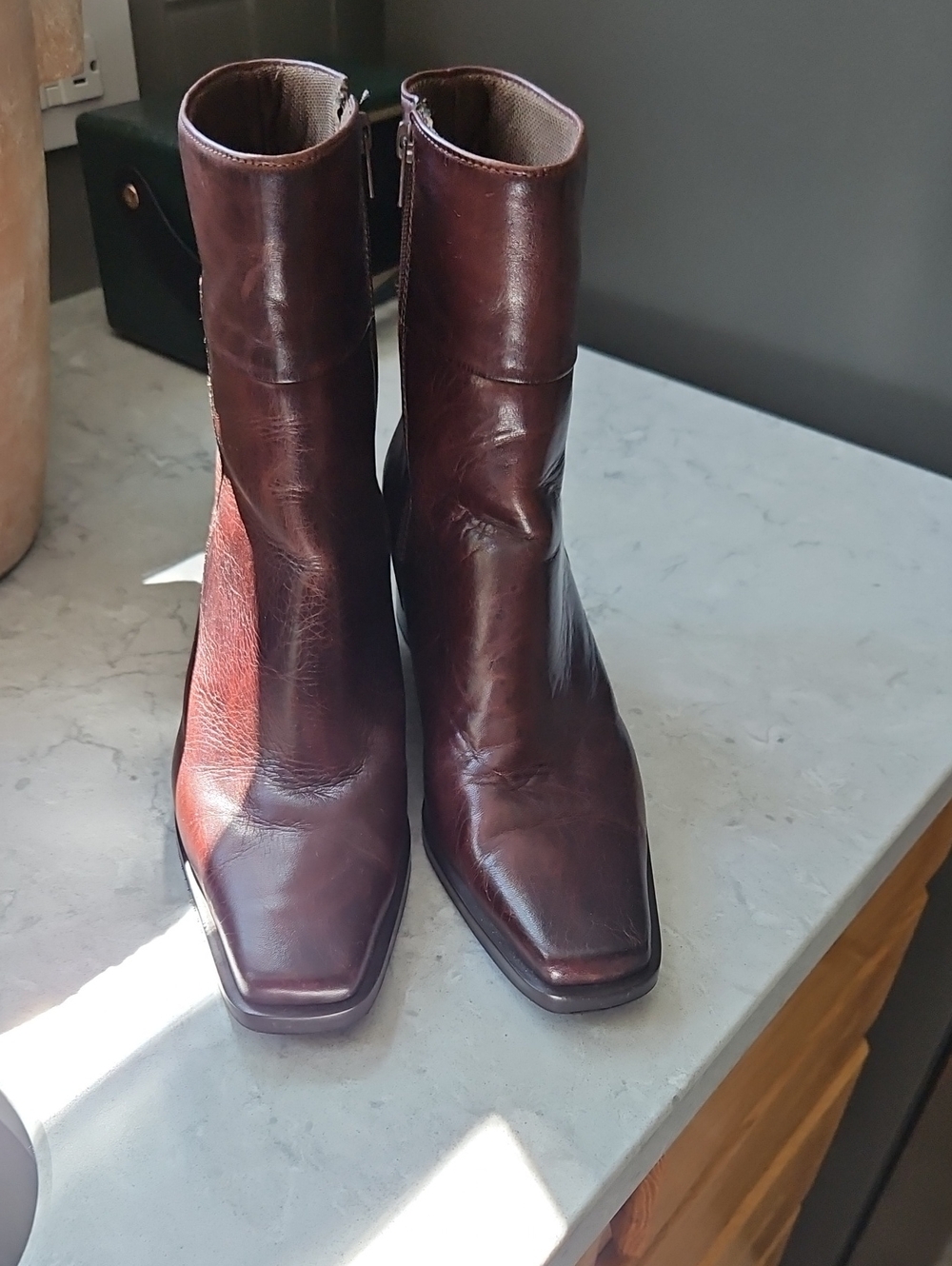 Women's Brown Leather Square-Toe Ankle Boots